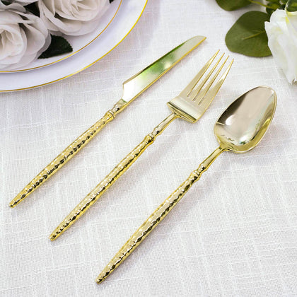 60-Pack Gold Plastic Silverware Set with Faceted Hammered Handles - Heavy Duty Disposable Cutlery