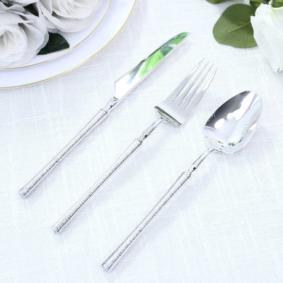 60-Pack Silver Plastic Cutlery Set with Ribbed Handle - Heavy Duty Disposable Fork Spoon Knife Combo