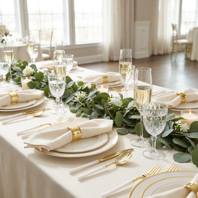Elegant wedding table setting with greenery, gold accents, and champagne glasses