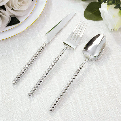 60-Pack Silver Plastic Silverware Set with Beaded Handles - Heavy Duty Disposable Cutlery