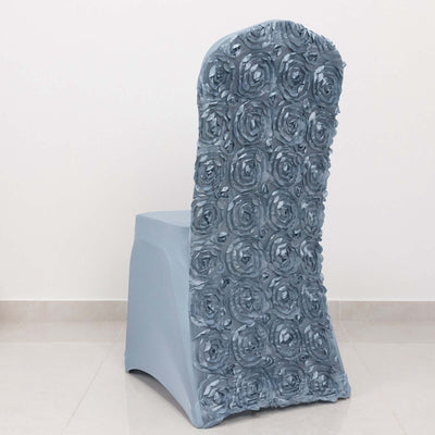Decorative blue chair with rose-patterned backrest against a plain background.
