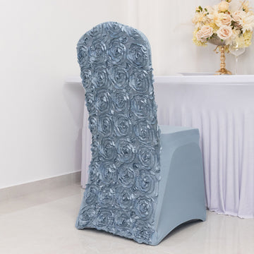 Elevate Your Event with the Dusty Blue Satin Rosette Spandex Stretch Banquet Chair Cover