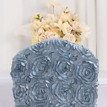 Experience the Versatility of the Dusty Blue Satin Rosette Spandex Stretch Banquet Chair Cover