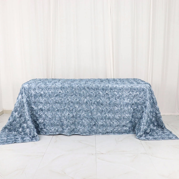 90 Inch x 132 Inch Dusty Blue Grandiose 3D Rosette Satin Rectangle Tablecloth