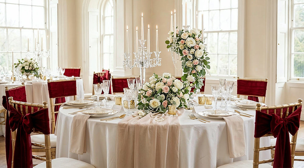 Elegant dining room with tables set for a meal, featuring flowers and candles.