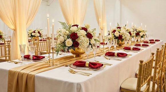 Elegant wedding reception table with floral centerpieces, candles, and gold accents.