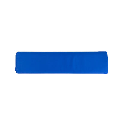 Blue exercise mat rolled up on a white background.