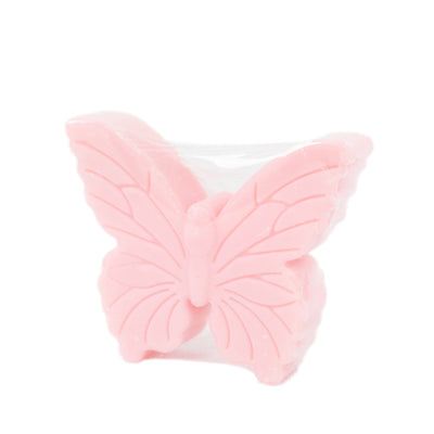 Pink butterfly-shaped soap on a plain background.