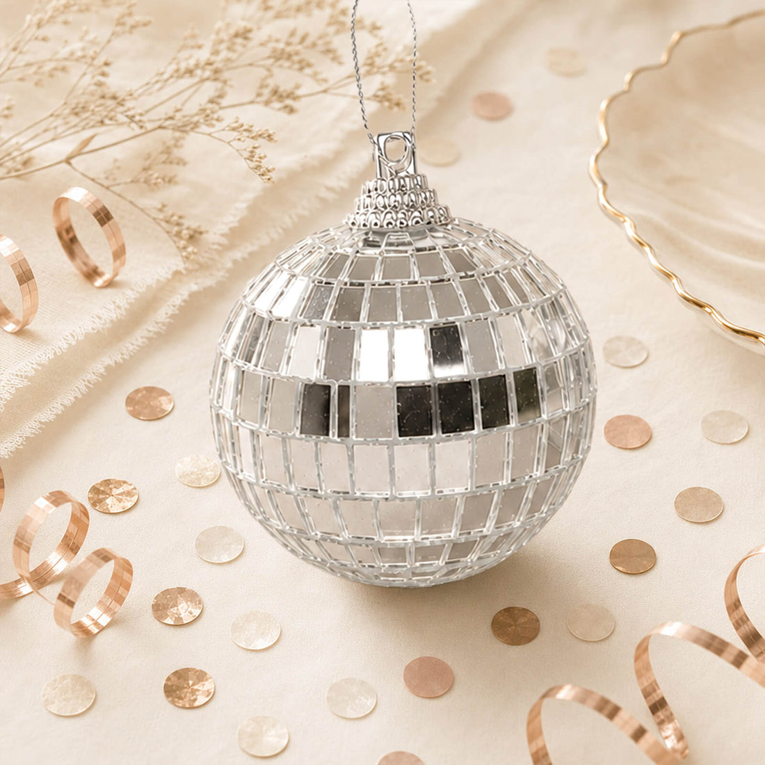 Silver disco ball ornament with rose gold confetti on a beige background