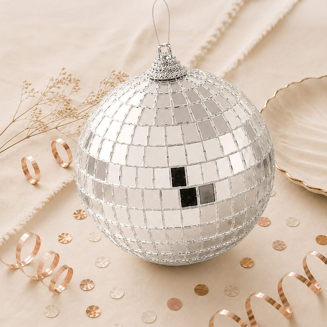 Silver mosaic disco ball ornament with reflective tiles and rose gold decor