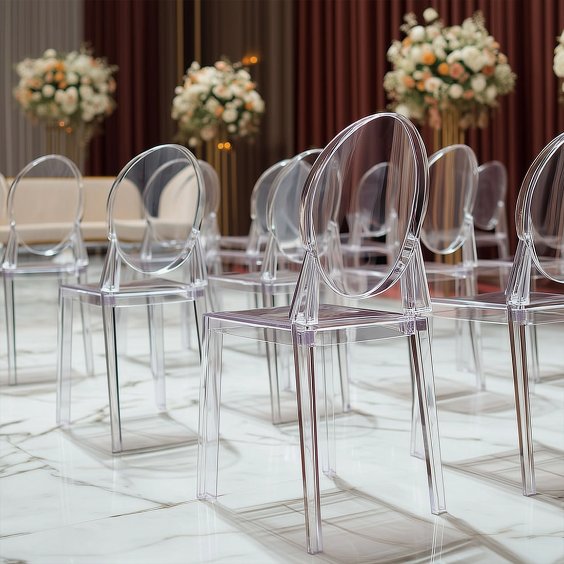 Transparent acrylic chairs arranged elegantly in a modern setting.