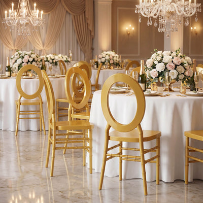 Elegant luxury wedding reception with gold chairs, floral centerpieces, and chandeliers