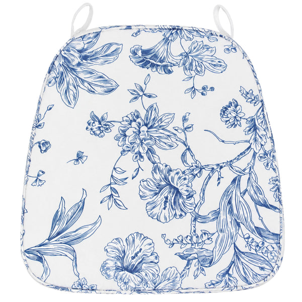 Blue floral outdoor chair cushion with ties on white background #whtbkgd