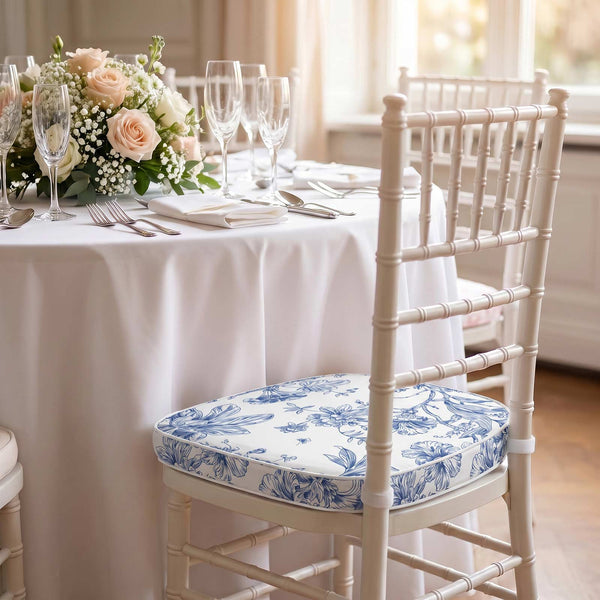 Elegant wedding table setting with blush roses and blue floral chair cushion