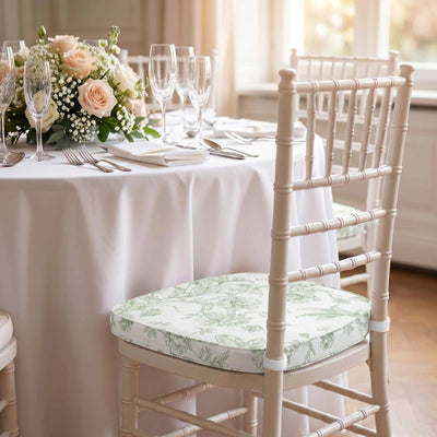 Elegant wedding table setting with floral centerpiece and cushioned chiavari chair