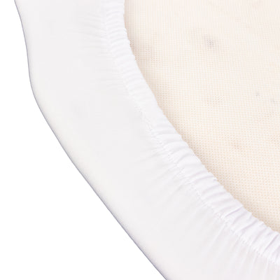 White fitted crib mattress cover, soft and breathable fabric.