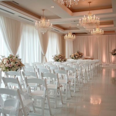 Elegant wedding venue setup with white chairs and floral arrangements.