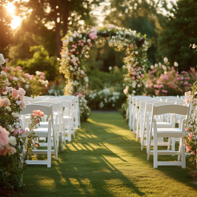 Wedding ceremony setup with white chairs and floral arch in a garden.