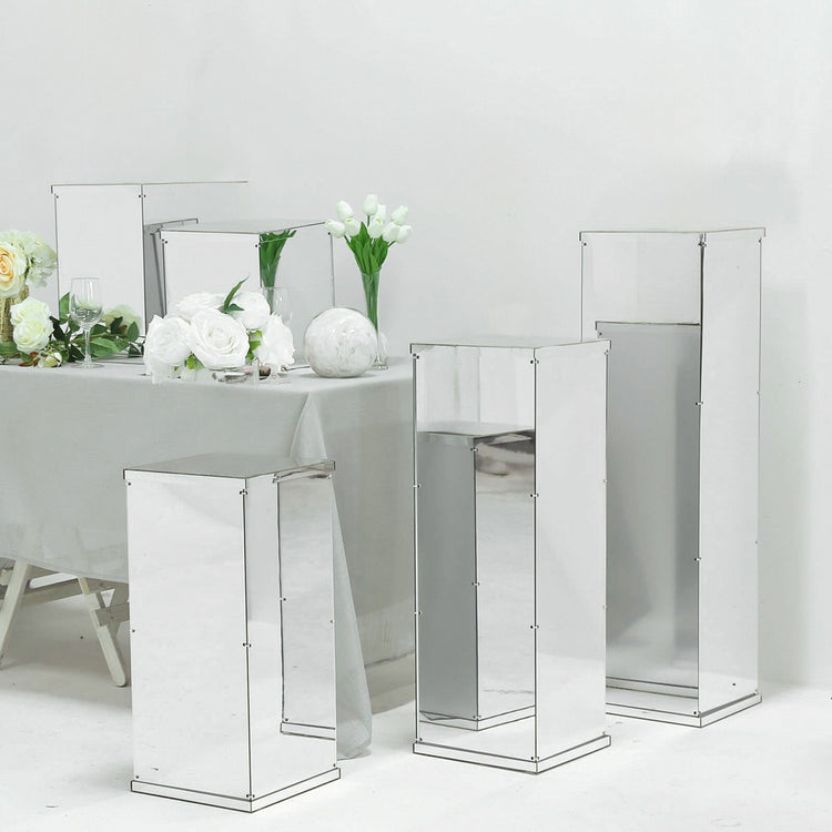 Silver Mirror Acrylic Pedestal Display Risers 40 Inch With Interchangeable Lid & Base