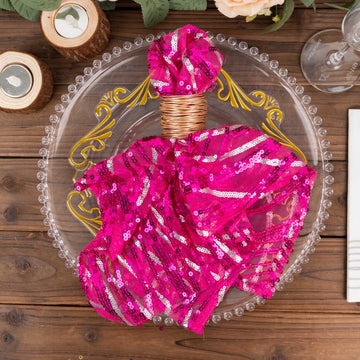 Elevate Your Dining Experience with Fuchsia Silver Wave Embroidered Sequin Mesh Dinner Napkin