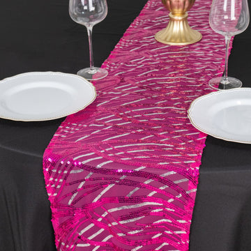 Fuchsia Silver Wave Embroidered Sequins Table Runner 12"x108"
