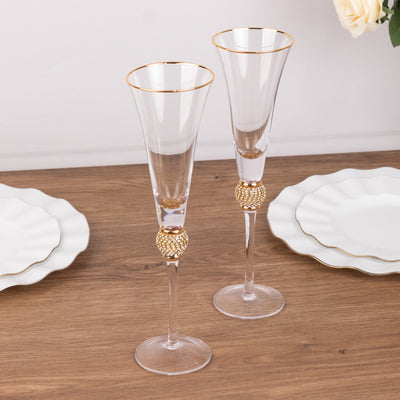 6-Pack Clear Champagne Flute Glasses 6oz Gold Rim Design with Studded  Rhinestones 11