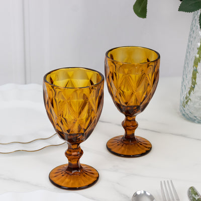 6-Pack Crystal Cut Wine Glasses 12oz Embossed Design Stemmed Transparent  Amber Gold 7