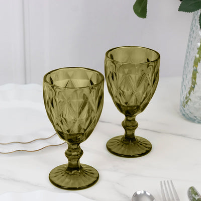 Set of two elegant olive green goblets with a diamond pattern.
