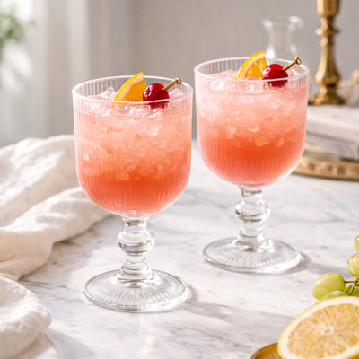 Two refreshing pink cocktails with cherries and oranges on a marble countertop.