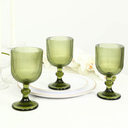 6 Pack Vintage Ribbed Wine Glasses – 13oz Dusty Sage Green Glass Goblets with Ball Stem Accent