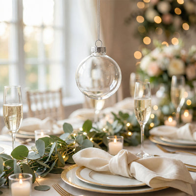 Elegant holiday dining table with ornaments, candles, greenery, and champagne glasses