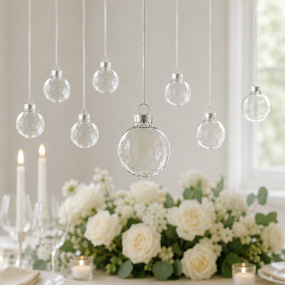 Elegant white floral table centerpiece with hanging glass ornament decor