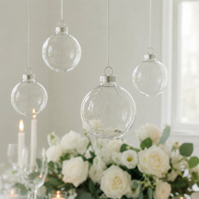 Elegant glass Christmas ornaments hanging above white floral arrangement