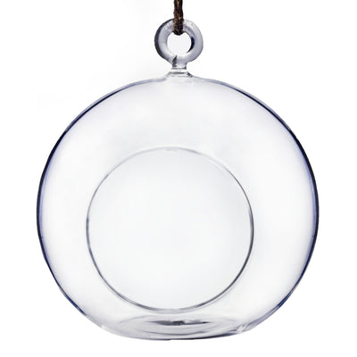 Clear glass hanging orb vase with a loop for hanging.