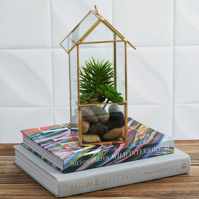 Glass house terrarium with succulent on stacked books.