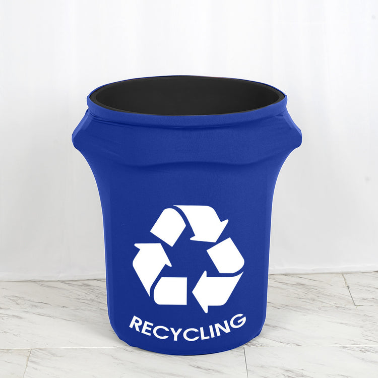 41-50 Gallon Royal Blue Spandex Stretch Trash Can Waste Container Cover With Recycling Logo