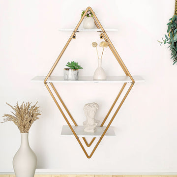 Geometric Diamond Shaped 3-Tier Gold Metal Dessert Cupcake Stand Rack, Wall Hanging Display Shelf Display, Book Shelf With White Wood Panels 31"
