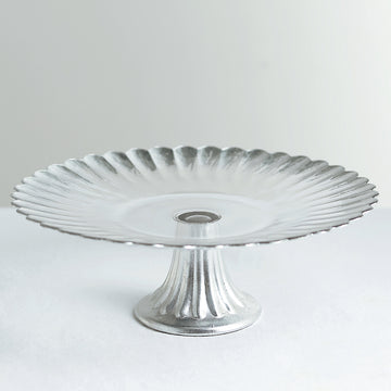 Glass Pedestal Cake Stand Plate, Cupcake Holder, Dessert/Appetizer Display - Silver Wavy Edge 12"