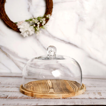 Glass and Wood Slice Cake Stand, Cloche Bell Serving Plate, Dome Lid Cover 12"