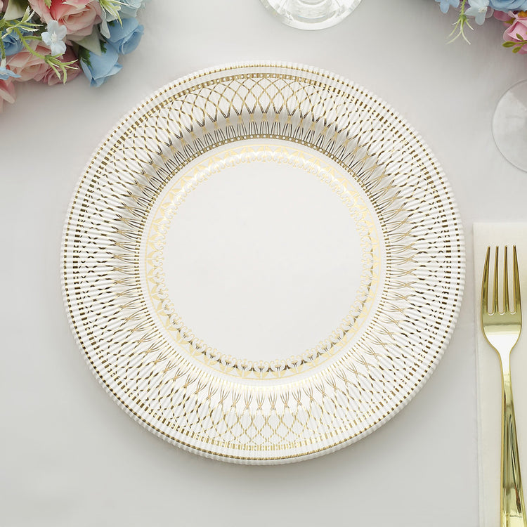 25 Pack | 10inch Gold And White Vintage Porcelain Style Paper Plates
