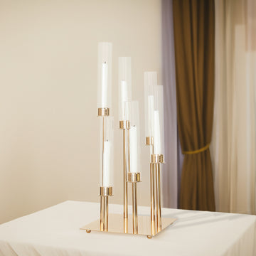 Gold 6 Arm Cluster Taper Candle Holder With Clear Glass Shades, Large Candle Arrangement 24"