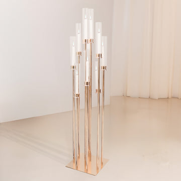 Gold 10 Arm Cluster Taper Candle Holder With Clear Glass Shades, Large Candle Arrangement 50"
