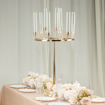 Gold 9 Arm Round Cluster Taper Candelabra Table Centerpiece With Drip Accents, Metal Candlestick Holder Arrangement With Clear Glass Shades 40"