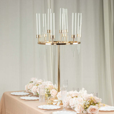 Elegant gold and glass candelabra centerpiece for table decor.