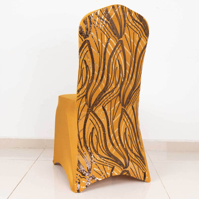 Orange chair cover with black floral design, back view.