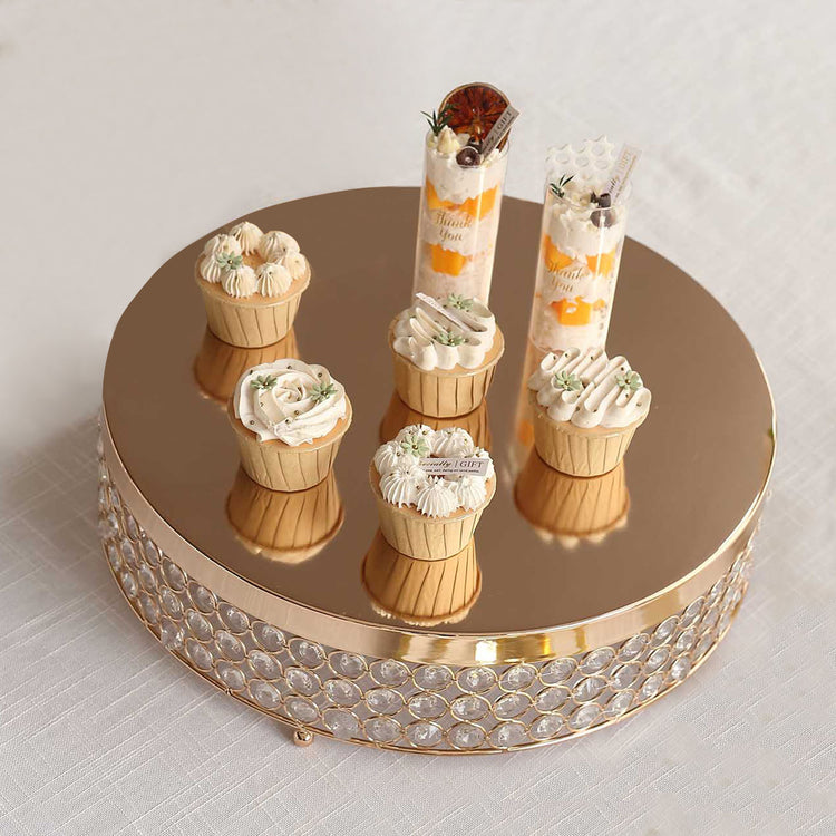 Gold Crystal Beaded Metal Cake Stand Pedestal, Cupcake Display, Dessert Riser - 16inch