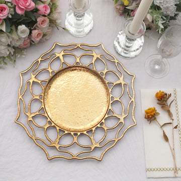 6 Pack | 13" Gold Floral Cutout Acrylic Charger Plates, Hollow Flower Decorative Plastic Serving Plates
