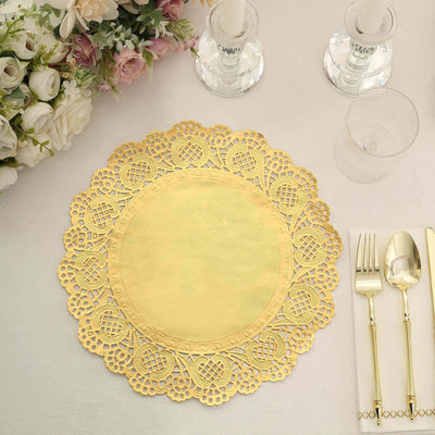 Gold lace decorative charger plate on a dining table setting.
