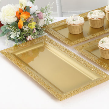 4 Pack | 14" Gold Lace Print Rectangular Plastic Serving Trays, Decorative Coffee Table Trays