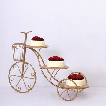 3-Tier Gold Metal Bicycle Wedding Cake Stand With Mesh Trays, Multi-layered Cupcake Dessert Display Stand - 40"